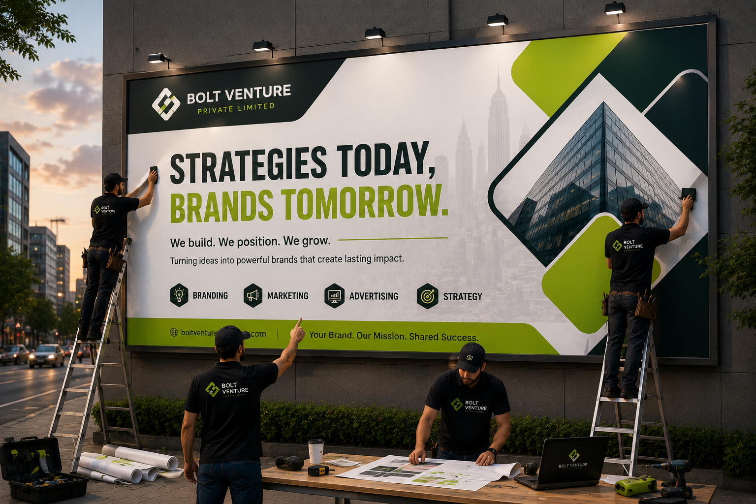 Blank outdoor billboard ready for brand creative above a city skyline